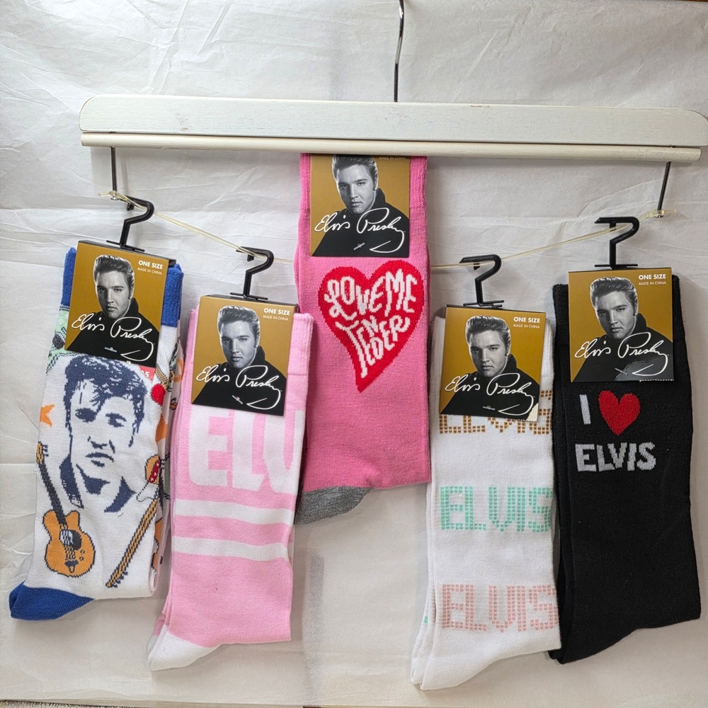 Elvis Presley Crew Socks 5 Pair Set Love Me Tender Rock N Roll Pink White Black - Picture 6 of 7